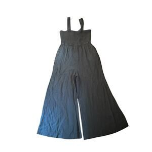 Women L Quince 100% Organic Cotton Gauzed Smocked Wide Leg Jumpsuit Indigo Blue